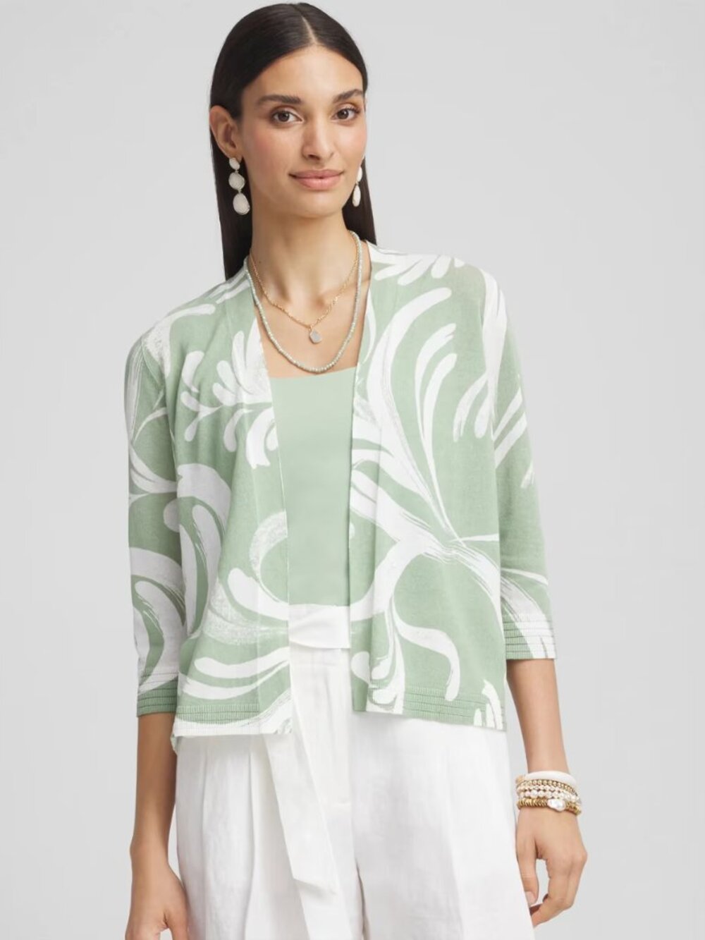 NWT Chico's Sage Green Botanical Print Cardigan & Mint Tank Top Set Sz 1/M/8